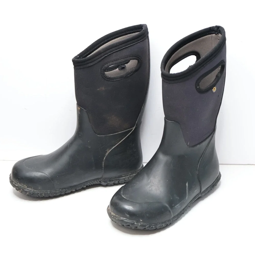Bogs Youth 4 York Solid Black Waterproof Insulated Winter Rain Boots Pull On SEE